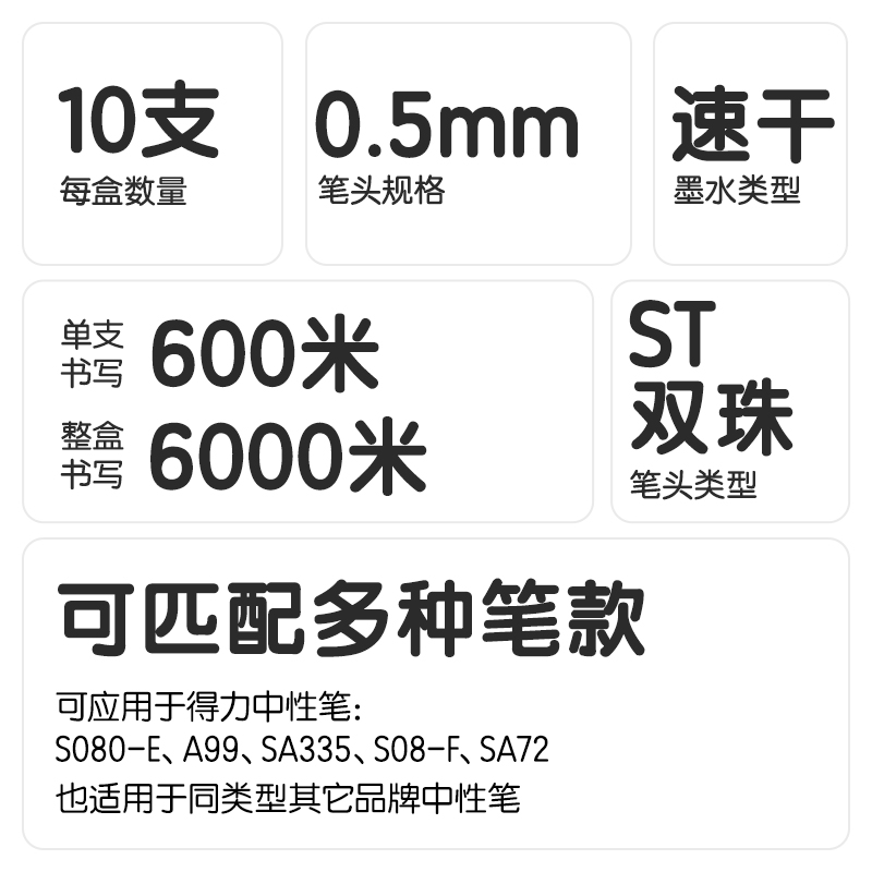 得力SE226刷題速干按動中性筆替芯0.5mm雙球珠ST頭(黑)(10支/袋)