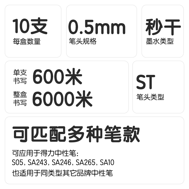得力SE225刷題秒干按動(dòng)中性筆替芯0.5mmST頭(黑)(10支/袋)
