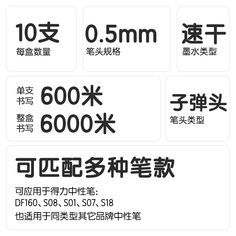 得力SE227刷題速干按動(dòng)中性筆替芯0.5mm子彈頭(黑)(10支/袋)