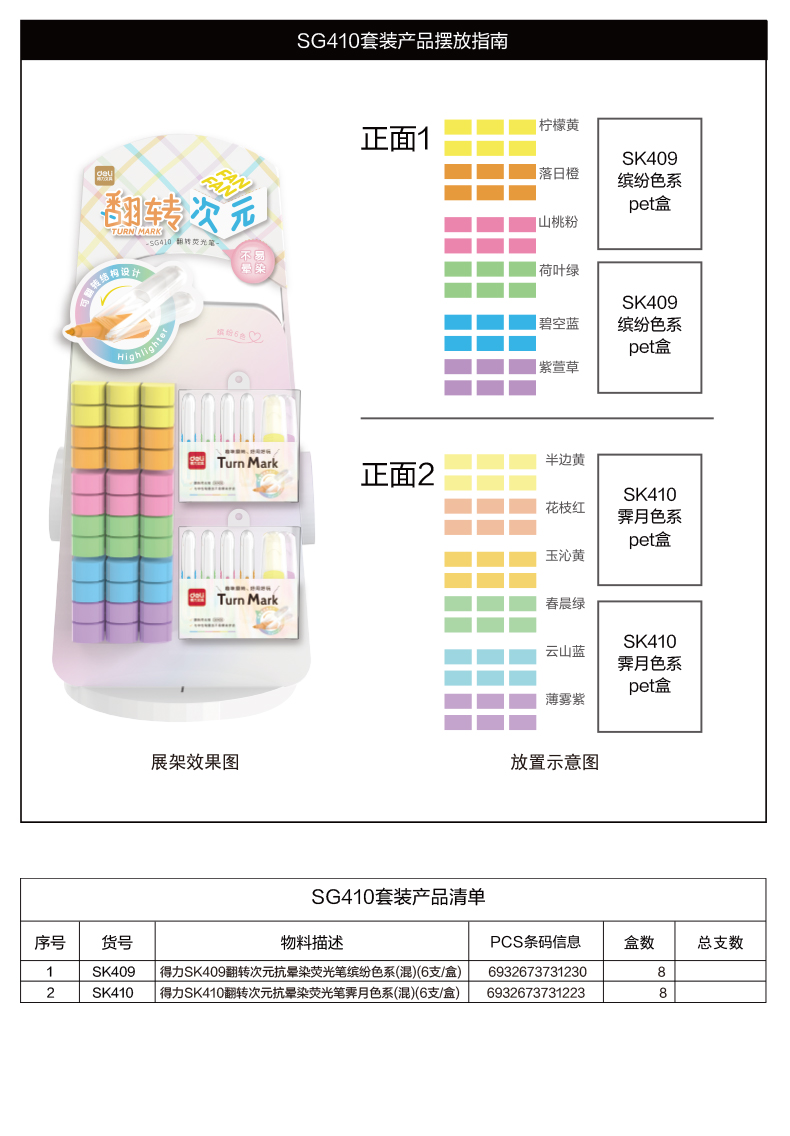 得力SG410翻轉次元抗暈染熒光筆展架(混)(96支/架)