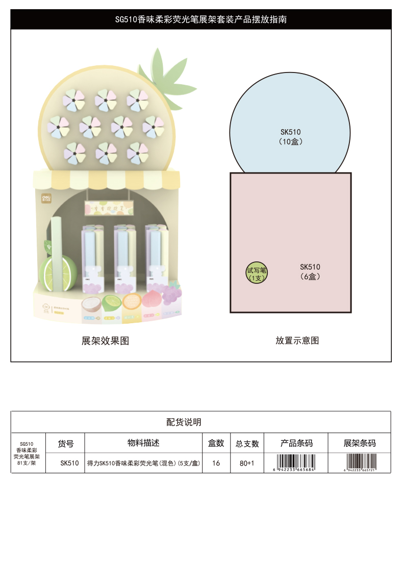 得力SG510磁吸香味柔彩熒光筆展架套裝(混)(81支/架)