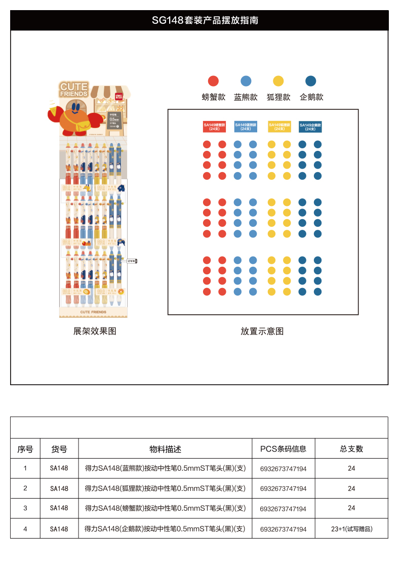 得力SG148藍(lán)熊插畫按動(dòng)中性筆展架0.5mm速干ST頭(黑)(96支/架)