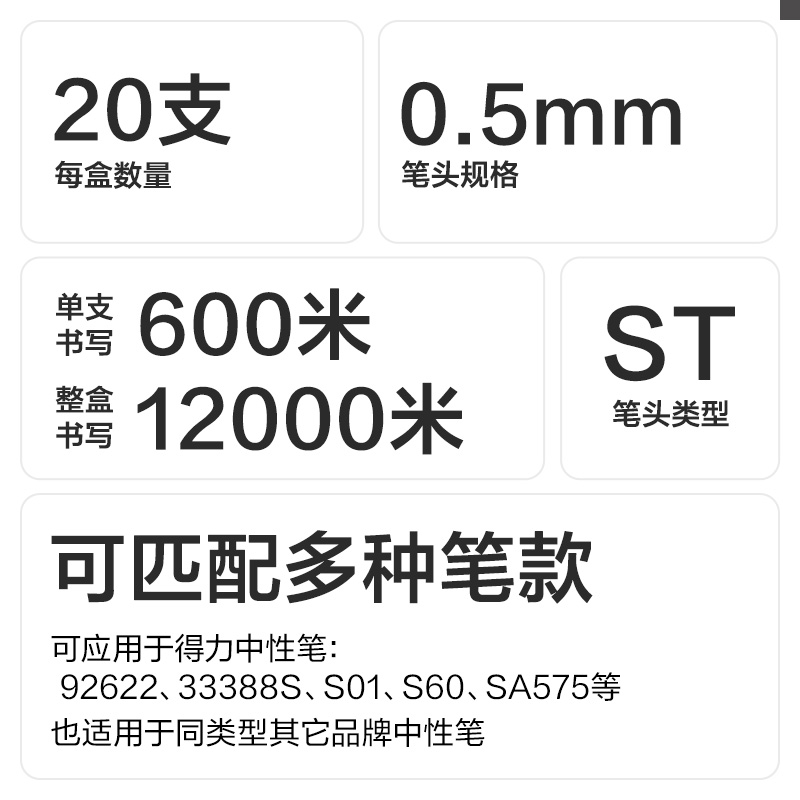 得力SE245秒干按動筆芯0.5mmST頭(黑)(20支/盒)