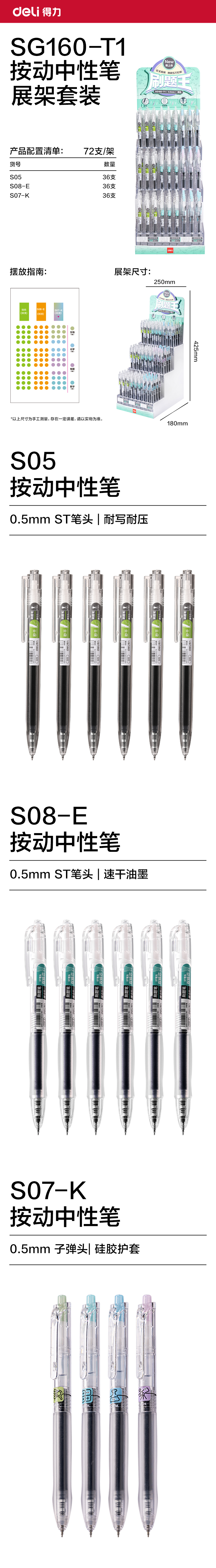 得力SG160-T1刷題按動中性筆展架套裝(黑)(108支/架)
