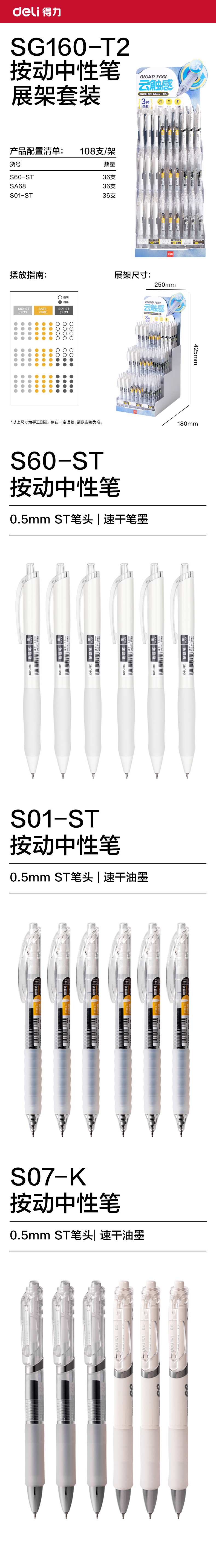 得力SG160-T2刷題按動(dòng)中性筆展架套裝(黑)(108支/架)