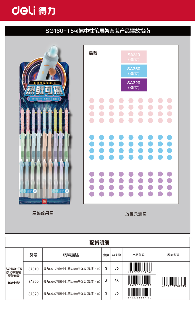 得力SG160-T5可擦中性筆展架套裝(晶藍)(108支/架)