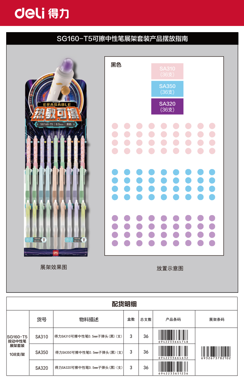 得力SG160-T5可擦中性筆展架套裝（黑)(108支/架)