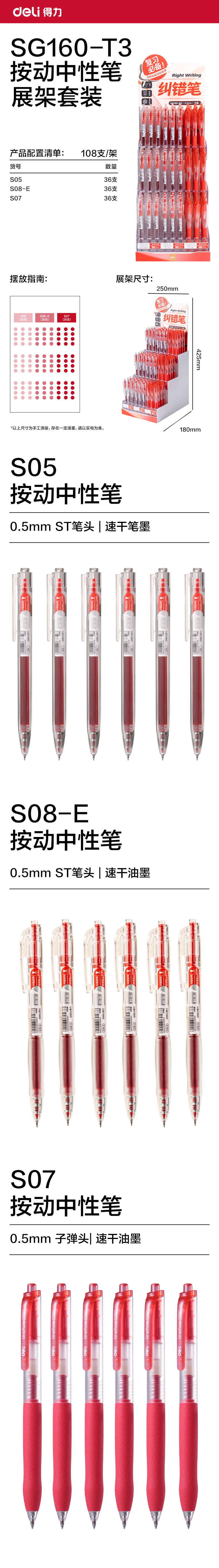 得力SG160-T3糾錯按動中性筆展架套裝(紅)(108支/架)