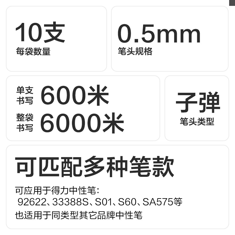 得力SE231按動(dòng)中性筆替芯0.5mm子彈頭(黑)(10支/袋)