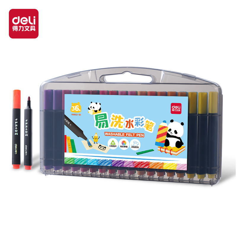 得力HM662-36_PP盒裝三角桿易洗水彩筆(混)(36色/盒)