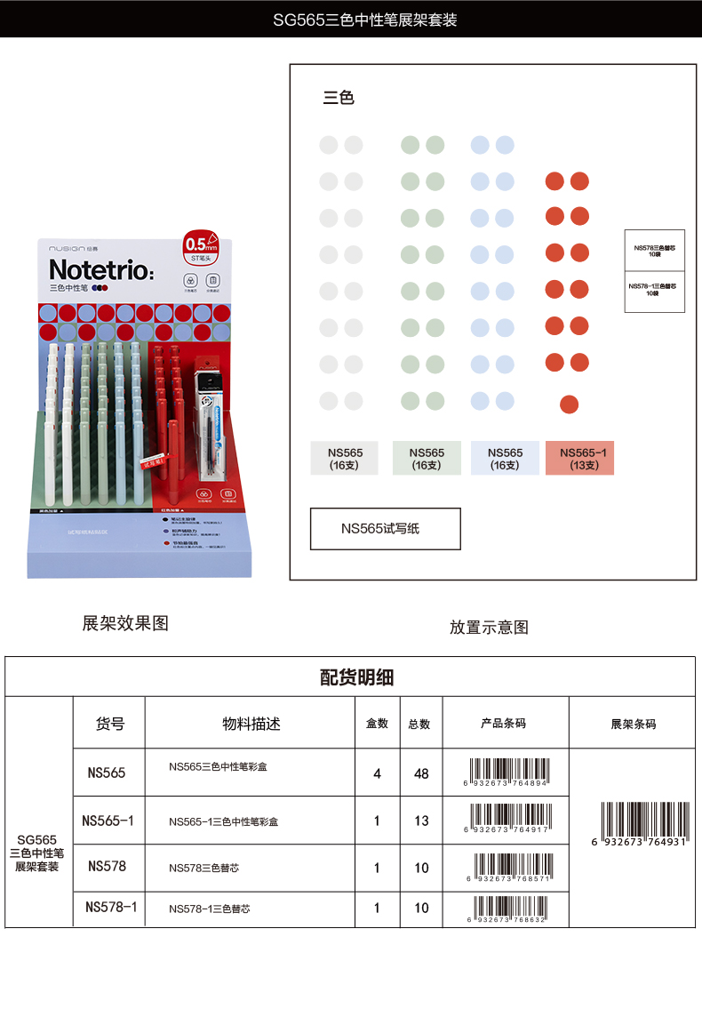 紐賽SG565三色中性筆0.5mm按動ST頭展架套裝（架）