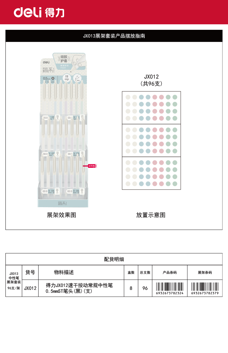得力JX013速干簡(jiǎn)約按動(dòng)常規(guī)中性筆展架套裝(黑)(96支/架)