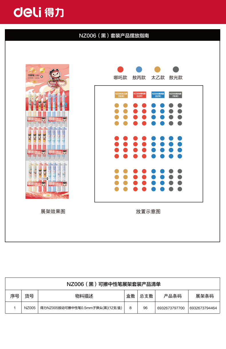 得力NZ006哪吒可擦中性筆展架套裝0.5mm子彈頭(黑)(96支/架)