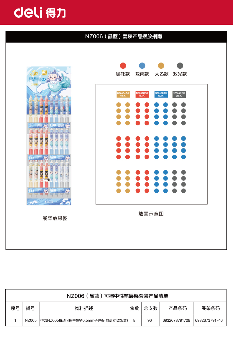 得力NZ006哪吒可擦中性筆展架套裝0.5mm子彈頭(晶藍)(96支/架)