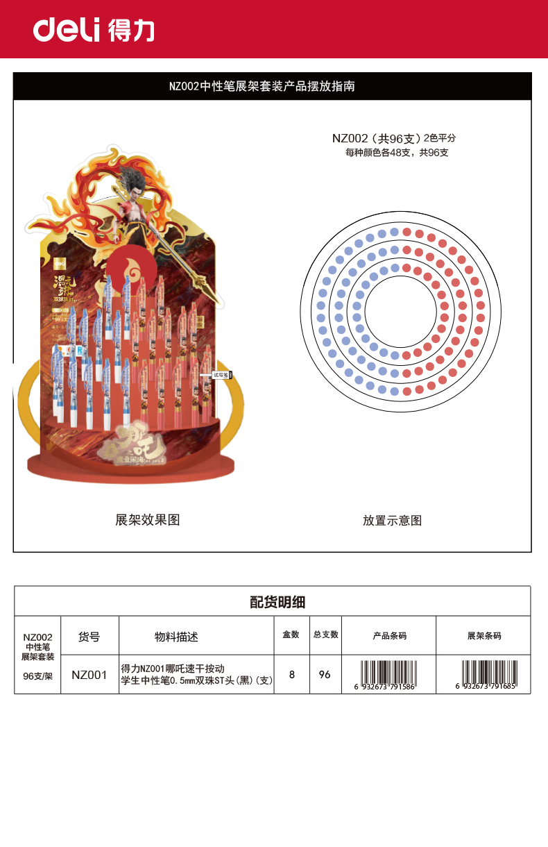 得力NZ002哪吒速干按動中性筆展架套裝(黑)(96支/架)