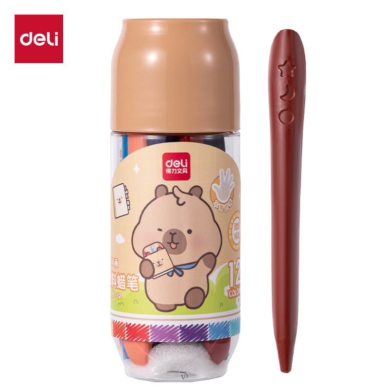 得力BL909-12三角桿塑料蠟筆(混)(12色/桶)