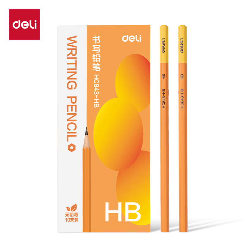得力HC843-HB橙色六角桿書寫鉛筆HB(混)(10支/盒)