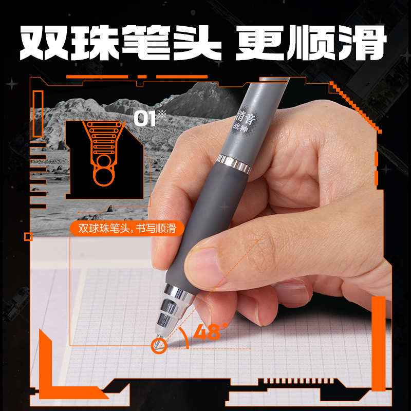 得力V200-5消音戰(zhàn)神速干按動消音中性筆0.5mm雙球珠ST頭(黑)(盒/5支