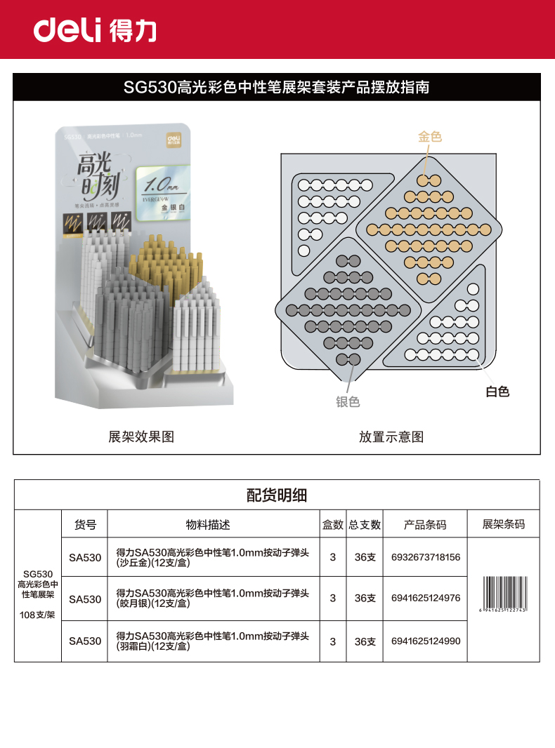 得力SG530高光彩色中性筆1.0mm按動(dòng)子彈頭展架(混)(108支/架)