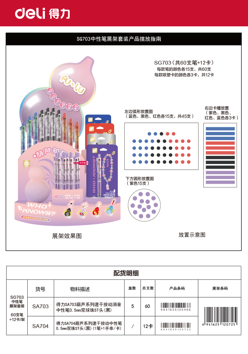 得力SG703葫蘆知道速干按動(dòng)中性筆展架套裝(黑)(60支+12卡/架)