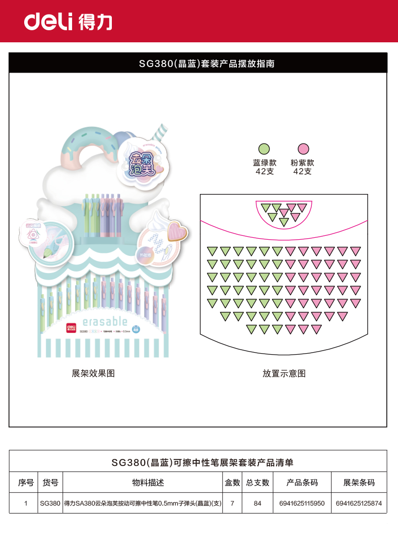 得力SG380云朵泡芙按動可擦中性筆0.5mm子彈頭展架(晶藍(lán))(84支/架)