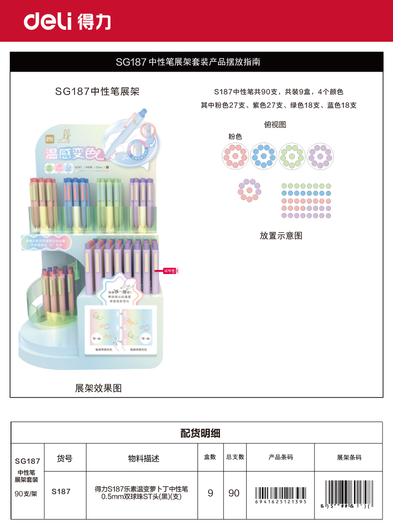得力SG187樂素溫感變色蘿卜丁中性筆展架套裝(黑)(90支/架)