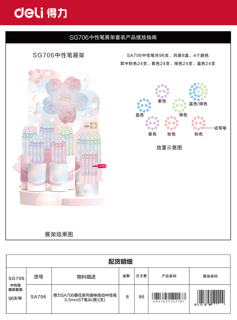 得力SG706櫻花系列香味按動(dòng)中性筆展架套裝(黑)(96/架)