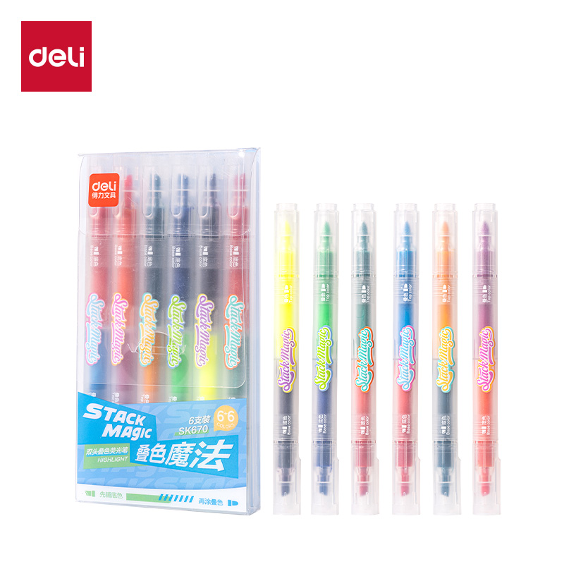 得力SK670雙頭疊色熒光筆(混)(6支/盒)