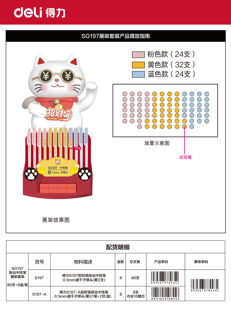 得力SG197招財(cái)筆按動(dòng)中性筆展架套裝(黑)(80支+8盒/架)