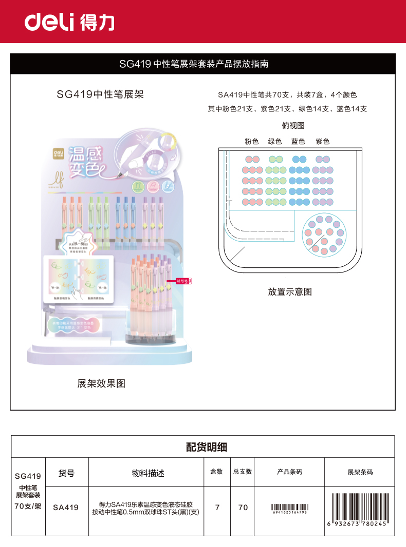 得力SG419樂素溫感變色液態(tài)硅膠按動中性筆展架套裝(黑)(70支/架)