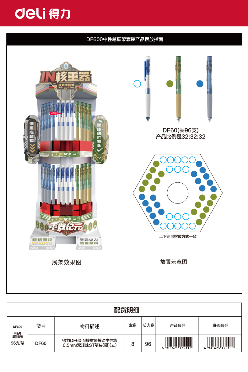 得力DF600IN核重器按動中性筆展架套裝(黑)(96支)