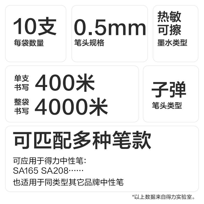 得力SE297按動可擦中性筆替芯0.5mm子彈頭(晶藍)(10支/袋)