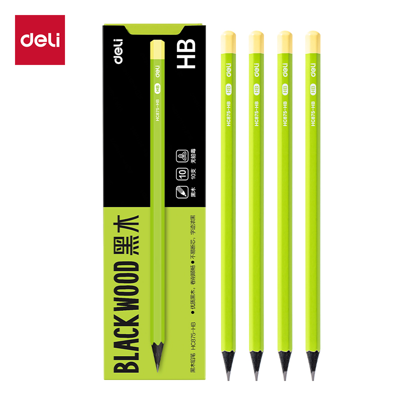 得力HC875-HB六角黑木綠桿書寫鉛筆HB(綠)(10支/盒)